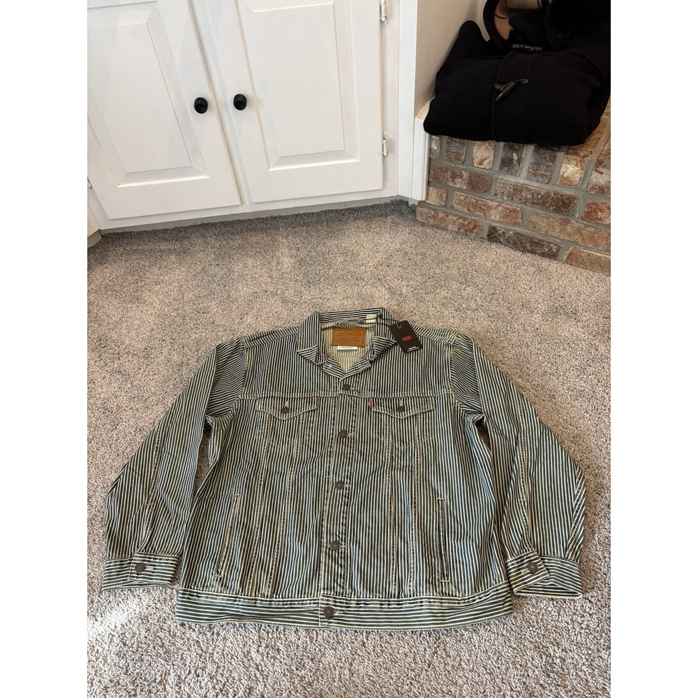 NEW Levi's Premium Relaxed Railroad Blue BIG E Pinstripe Trucker Jacket Mens L